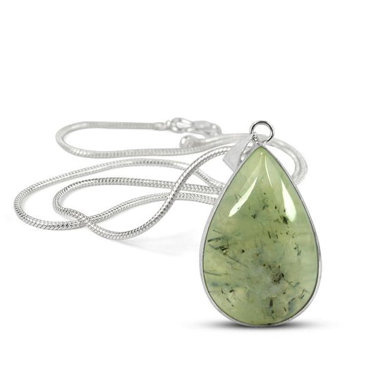 AAA Quality Prehnite Drop Shape Pendant With Chain