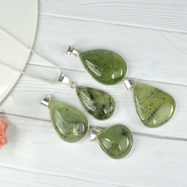 AAA Quality Prehnite Drop Shape Pendant With Chain
