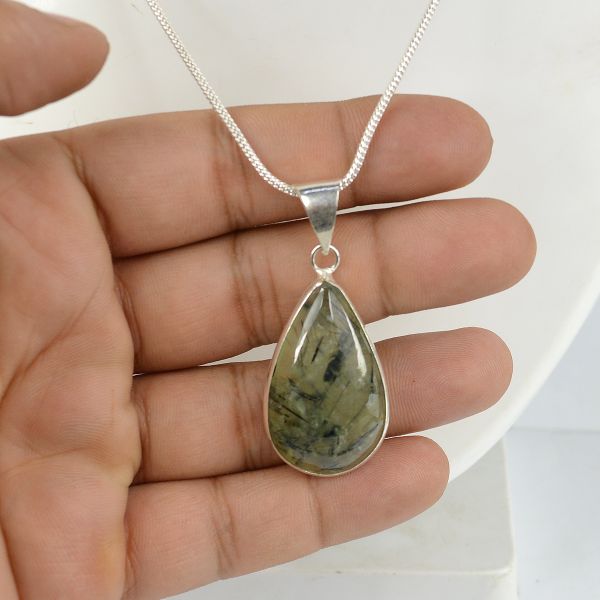 AAA Quality Prehnite Drop Shape Pendant With Chain