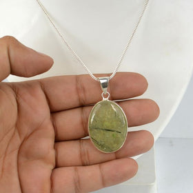AAA Quality Prehnite Oval Pendant With Chain