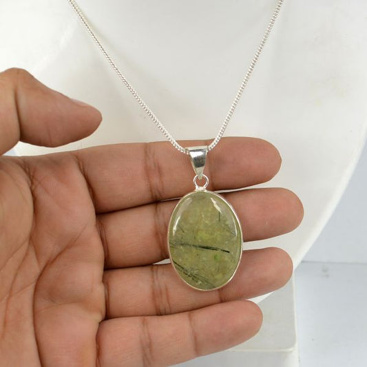 AAA Quality Prehnite Oval Pendant With Chain