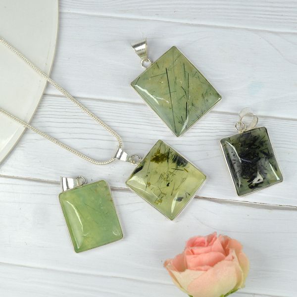 AAA Quality Prehnite Square Pendant With Chain
