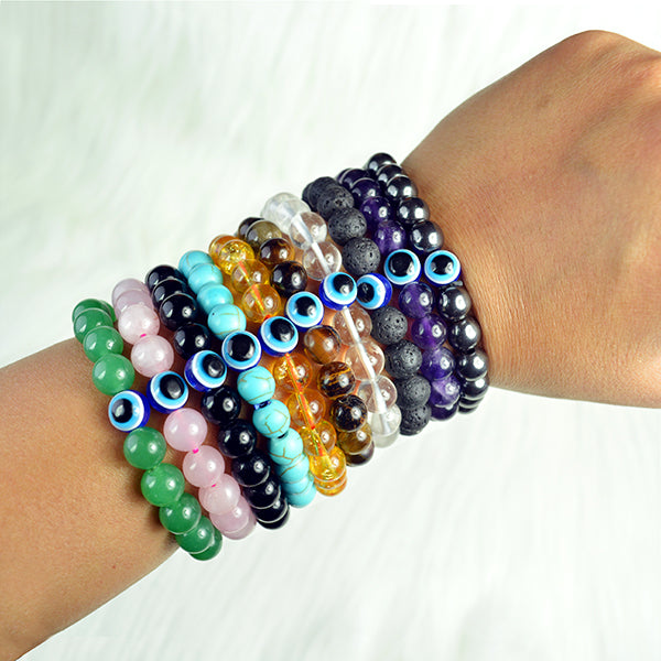 Natural Semi Precious Crystal Stones with Evil Eye 8 mm Bead Bracelet for Unisex