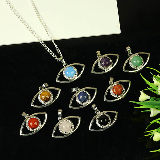 Natural Crystal Stone Eye Shape Pendant - Locket with Metal Chain