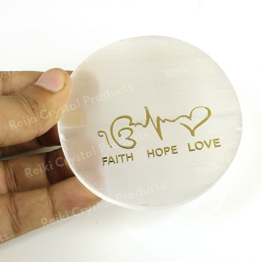 Selenite Faith Hope Love Charging Plate for Reiki Crystal Cleansing Size 7.6 cm (3 inch)