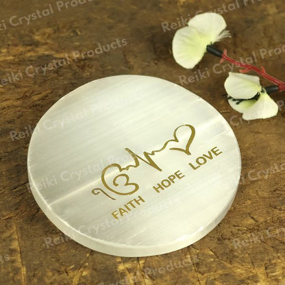 Selenite Faith Hope Love Charging Plate for Reiki Crystal Cleansing Size 7.6 cm (3 inch)