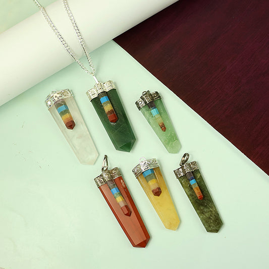 Natural Crystal Stone 7 Chakra Flat Stick Pendant Size 45-50 mm with Metal Chain