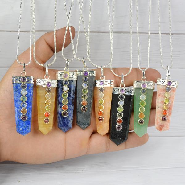 Natural Crystal Stone Flat Stick 7 Chakra Beads Pendant Size 45-50 mm with Metal Chain