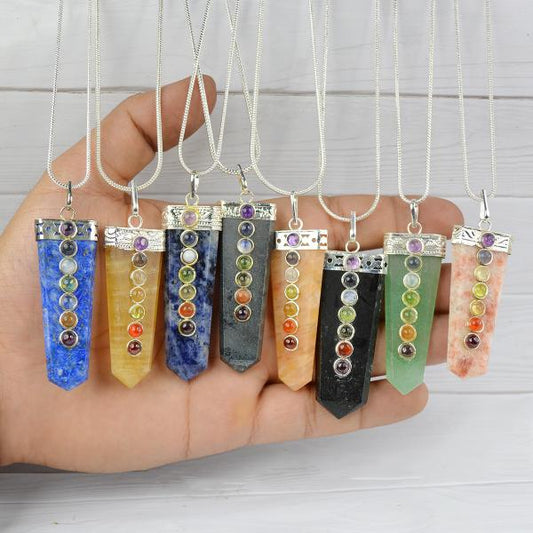 Natural Crystal Stone Flat Stick 7 Chakra Beads Pendant Size 45-50 mm with Metal Chain