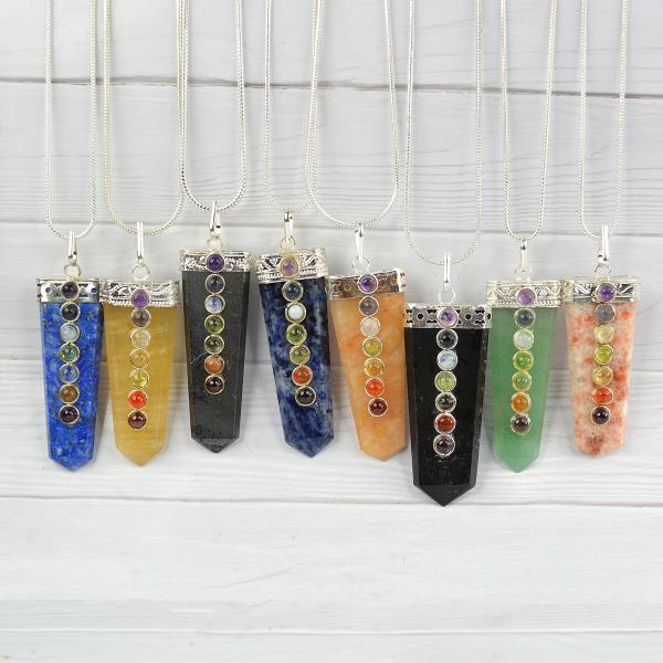 Natural Crystal Stone Flat Stick 7 Chakra Beads Pendant Size 45-50 mm with Metal Chain