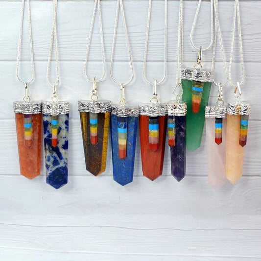 Natural Crystal Stone 7 Chakra Flat Stick Pendant Size 45-50 mm with Metal Chain
