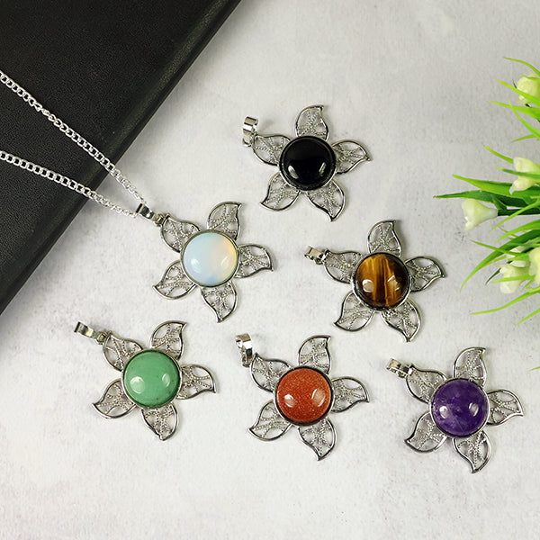 Natural Crystal Stone Flower Shape Pendant - Locket with Metal Chain