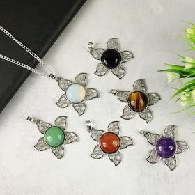 Natural Crystal Stone Flower Shape Pendant - Locket with Metal Chain