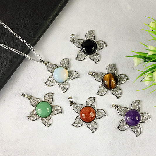 Natural Crystal Stone Flower Shape Pendant - Locket with Metal Chain