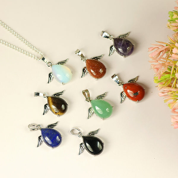 Natural Crystal Stone Angel Guardian Shape Pendant - Locket with Metal Chain