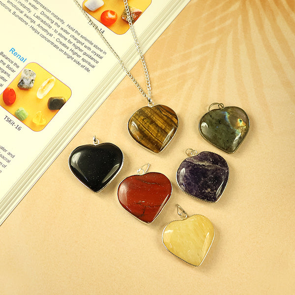 Natural Crystal Stone Heart Shape Pendant Size 30-35 mm with Metal Chain