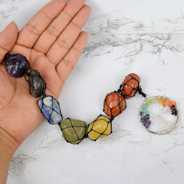 7 Chakra Tumble Stone Hanging with Tree of Life for Car Hanging and Door Hanging 26.6 cm (10.5 inch)
