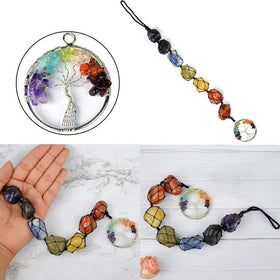 7 Chakra Tumble Stone Hanging with Tree of Life for Car Hanging and Door Hanging 26.6 cm (10.5 inch)