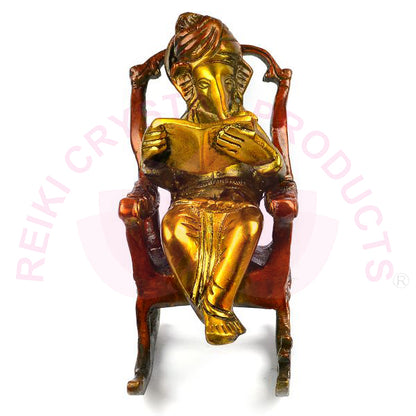 Brass Lord Ganesha Statue Sitting on a Chair