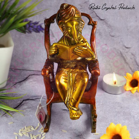 Brass Lord Ganesha Statue Sitting on a Chair