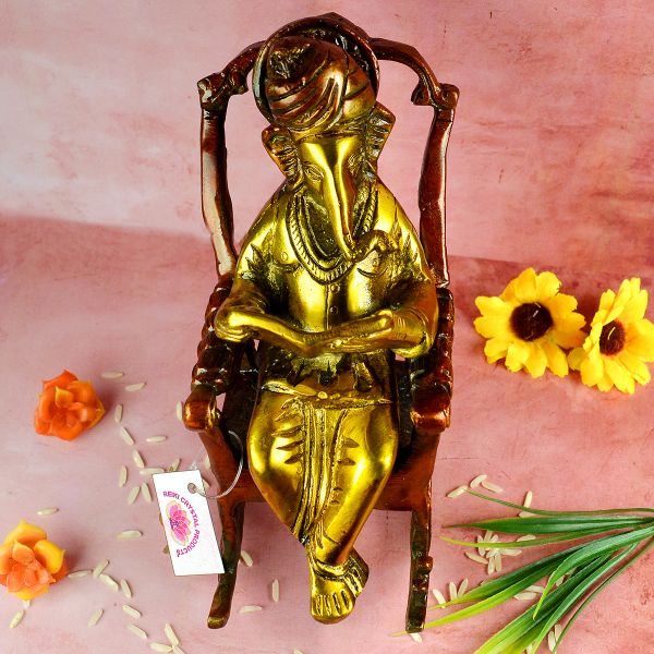 Brass Lord Ganesha Statue Sitting on a Chair