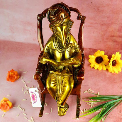 Brass Lord Ganesha Statue Sitting on a Chair