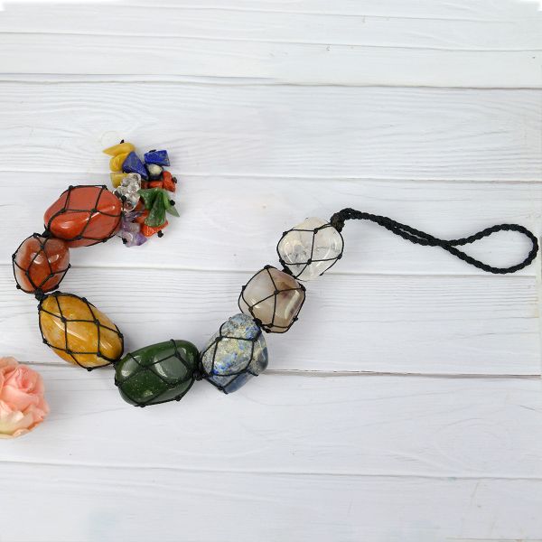 7 Chakra Tumble Stone Hanging with Crystal Chip for Car Hanging and Door Hanging 22.8 cm (9 inch)