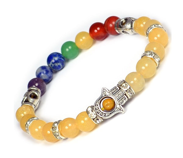 Natural Crystal Stone 7 Chakra Hamsa Charm 8 mm Bracelet