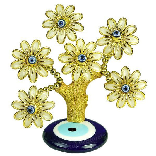 Evil Eye Tree with Glass Base, 6 flower for Home Decorative Showpiece Golden Color