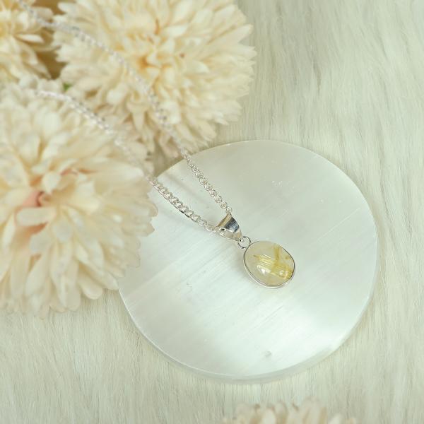 Natural Golden Rutile Oval Shape Pendant Locket with Metal Chain for Unisex