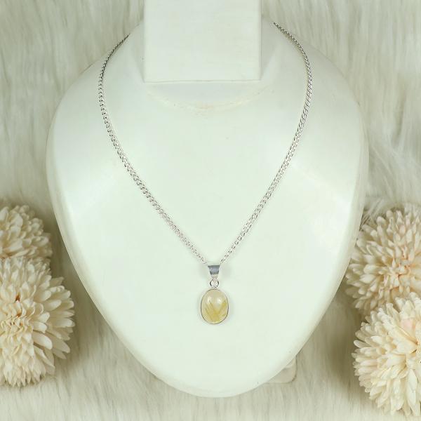 Natural Golden Rutile Oval Shape Pendant Locket with Metal Chain for Unisex