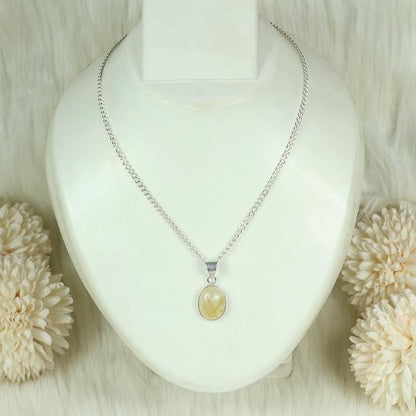 Natural Golden Rutile Oval Shape Pendant Locket with Metal Chain for Unisex
