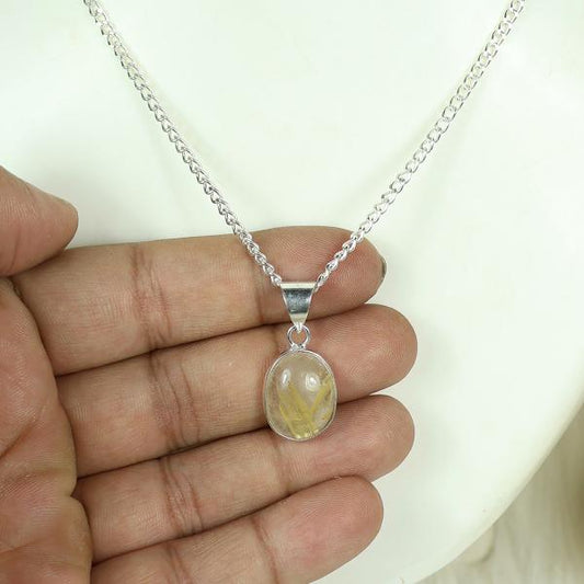 Natural Golden Rutile Oval Shape Pendant Locket with Metal Chain for Unisex