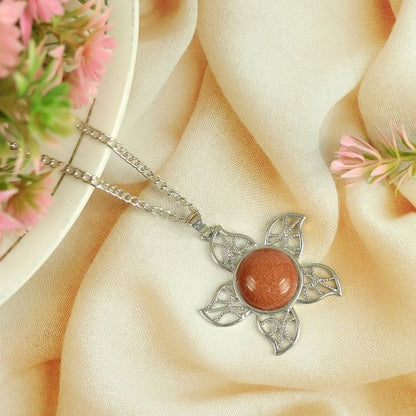 Natural Crystal Stone Flower Shape Pendant - Locket with Metal Chain