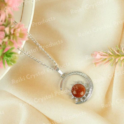 Natural Crystal Stone Sun And Moon Shape Pendant - Locket with Metal Chain
