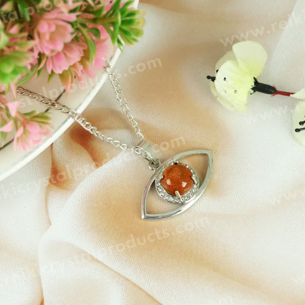 Natural Crystal Stone Eye Shape Pendant - Locket with Metal Chain