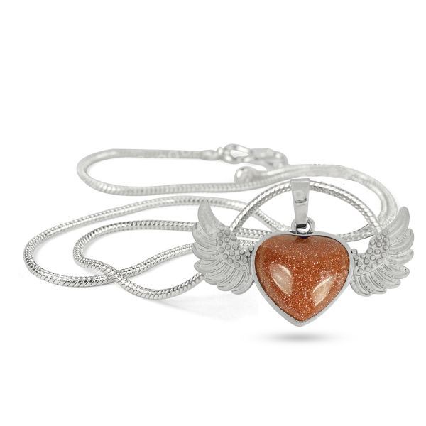 Natural Crystal Stone Angel Wings Heart Shape Pendant - Locket with Metal Chain