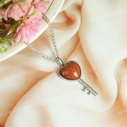 Natural Crystal Stone Heart Key Shape Pendant - Locket with Metal Chain
