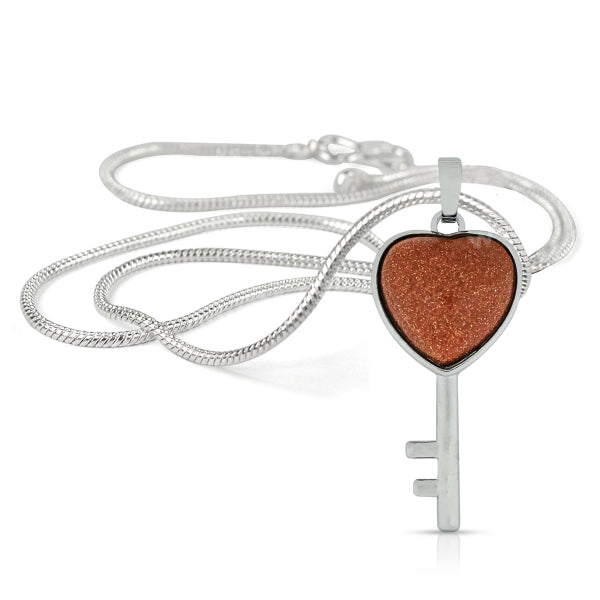 Natural Crystal Stone Heart Key Shape Pendant - Locket with Metal Chain