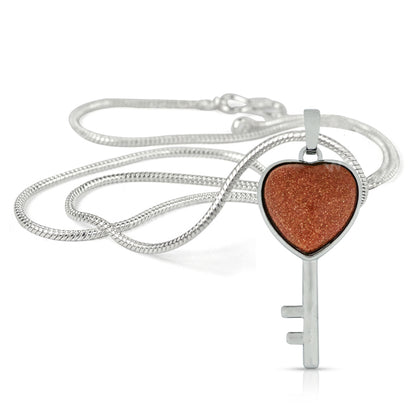 Natural Crystal Stone Heart Key Shape Pendant - Locket with Metal Chain