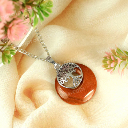 Natural Crystal Stone Tree of Life Charm Pendant - Locket with Metal Chain