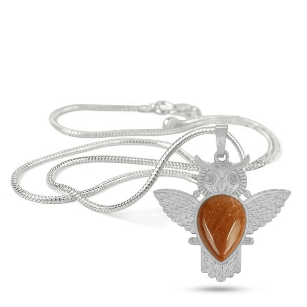 Natural Crystal Stone Owl Shape Design Pendant - Locket with Metal Chain