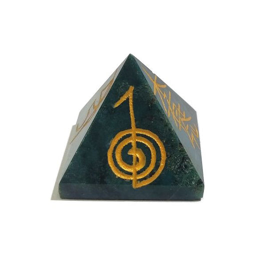 Natural Green Aventurine Reiki Symbol Engraved Pyramid 30 mm