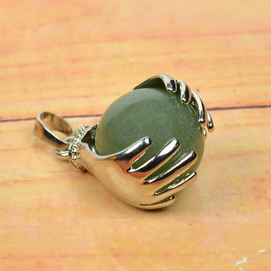 Green Jade Pendant Hand Ball Shape Pendant with Metal Chain