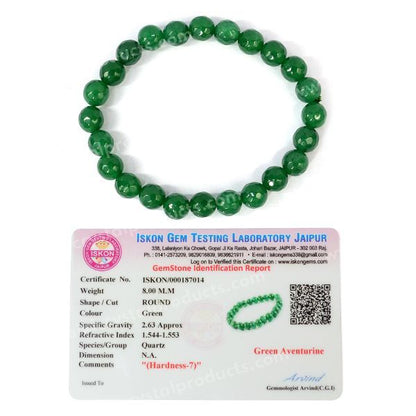 Certificate Green Aventurine 8 mm Faceted Bead Bracelet for Unisex