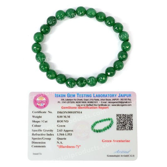 Certificate Green Aventurine 8 mm Faceted Bead Bracelet for Unisex