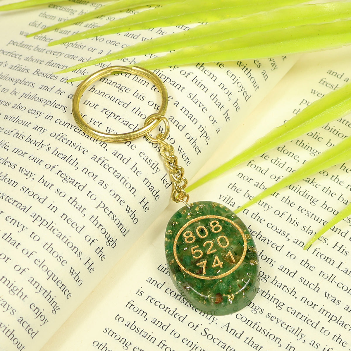 Green Aventurine Orgone Stone Zibu Symbol Coin Keychain