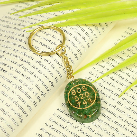 Green Aventurine Orgone Stone Zibu Symbol Coin Keychain