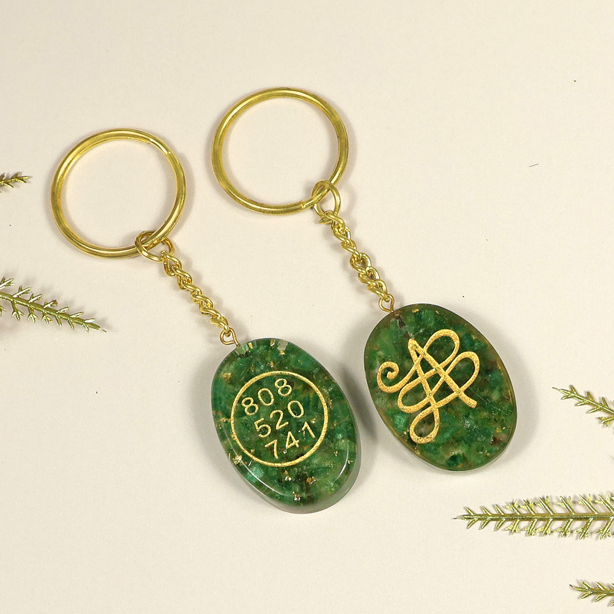 Green Aventurine Orgone Stone Zibu Symbol Coin Keychain-2pc