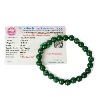 Certified Green Aventurine 8 mm Round Bead Bracelet